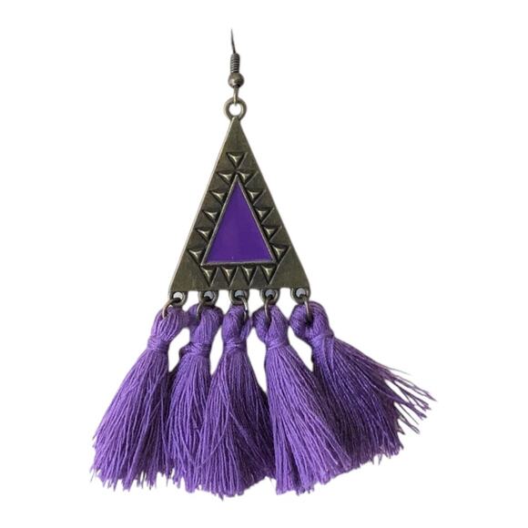 Boho Festival Copper Sphere Metalwork Agate Beads Purple Tassel Dangle Earrings - Picture 14 of 16